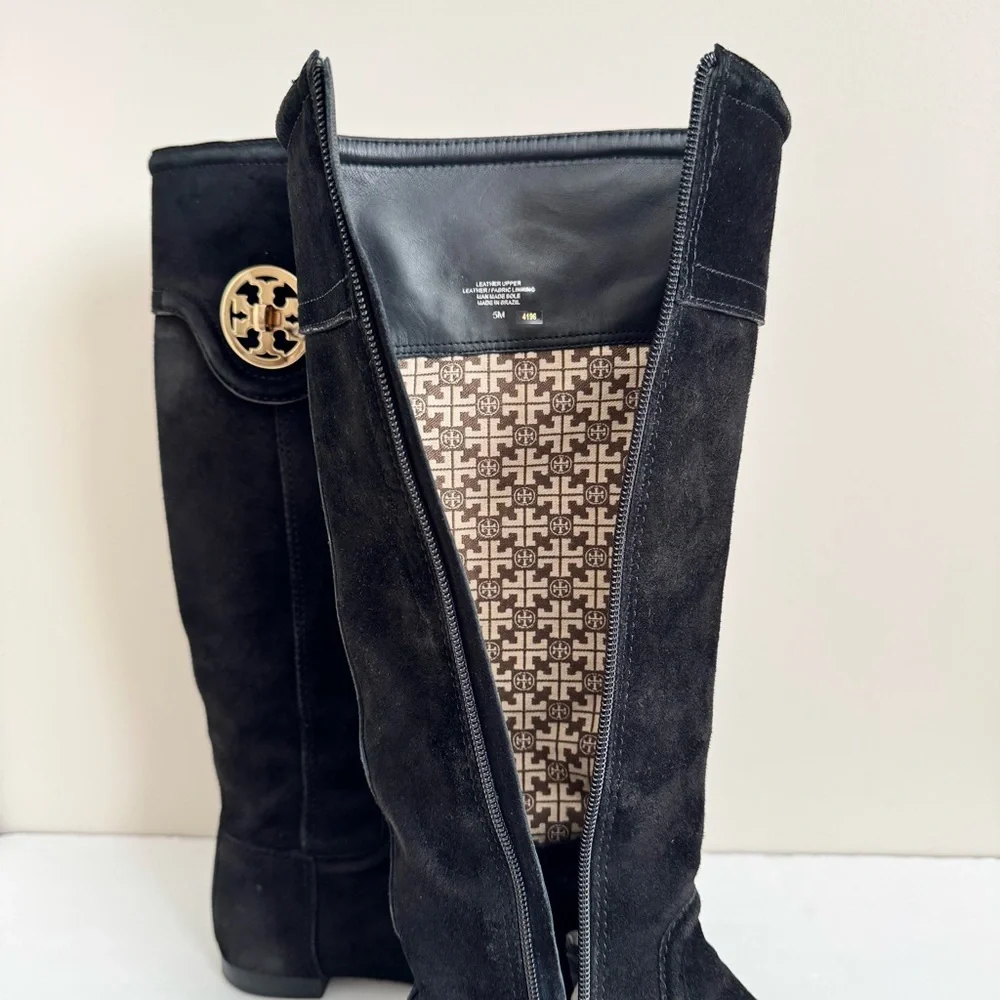 TORY BURCH Selma Black Suede Logo Riding Tall Boot Knee High size 5